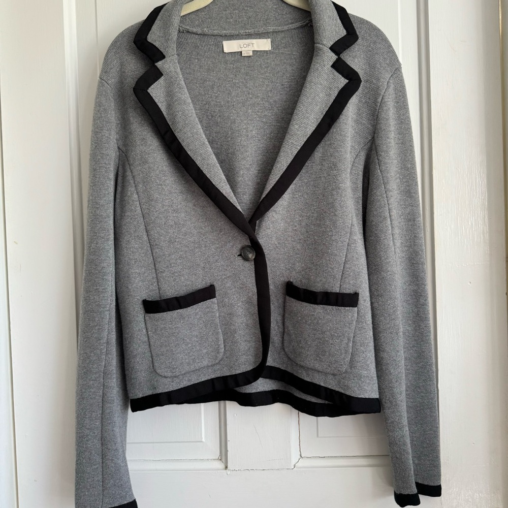 LOFT gray cotton tipped cardigan sweater with blazer look, heather gray & black